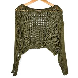 Major Label Group Chunky Crop Sweater Top Womens Olive Green See Through M